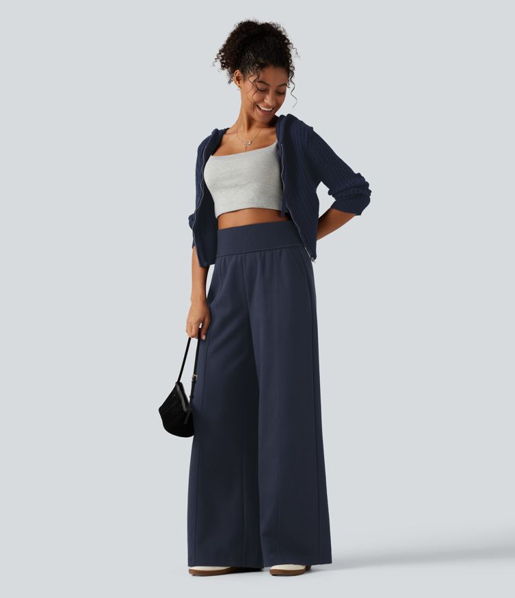 High Waisted Wide Leg Casual Cotton Sweatpants with Pockets
