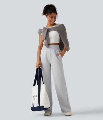 High Waisted Straight Leg Casual Cotton Sweatpants with Pockets