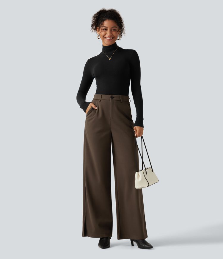 High Waisted Wide Leg Work Pants with Pockets