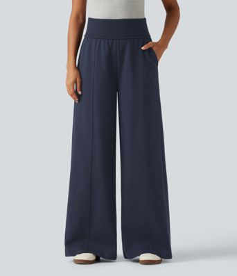 High Waisted Wide Leg Casual Cotton Sweatpants with Pockets