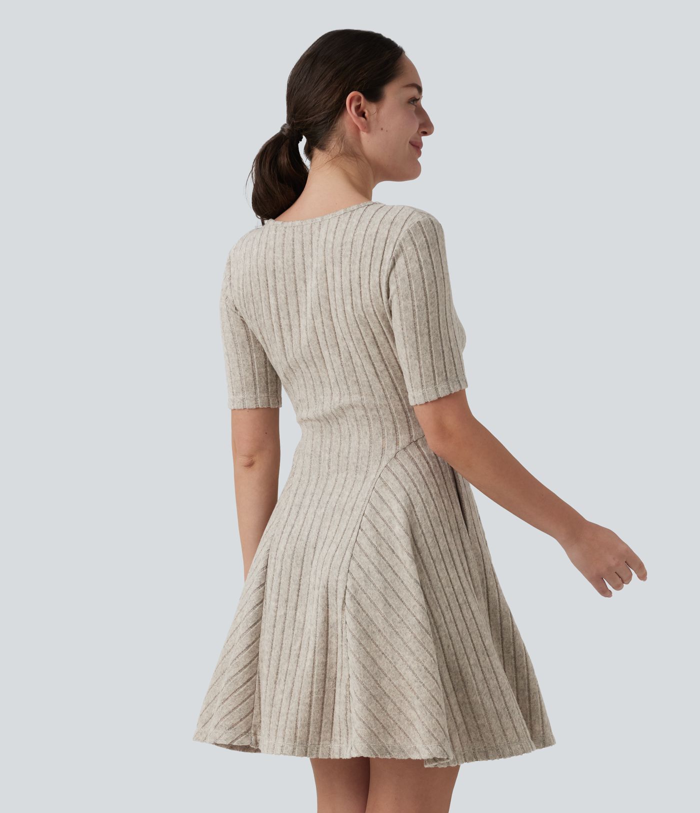 Ribbed Knit V Neck Short Sleeve Flare Mini Casual Dress