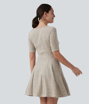 Ribbed Knit V Neck Short Sleeve Flare Mini Casual Dress