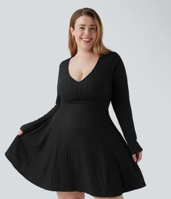 Plus Size Ribbed Knit V Neck Long Sleeve Flare Mini Casual Dress with Pockets Plus Size Ribbed Knit V Neck Long Sleeve Flare Mini Casual Dress with Pockets