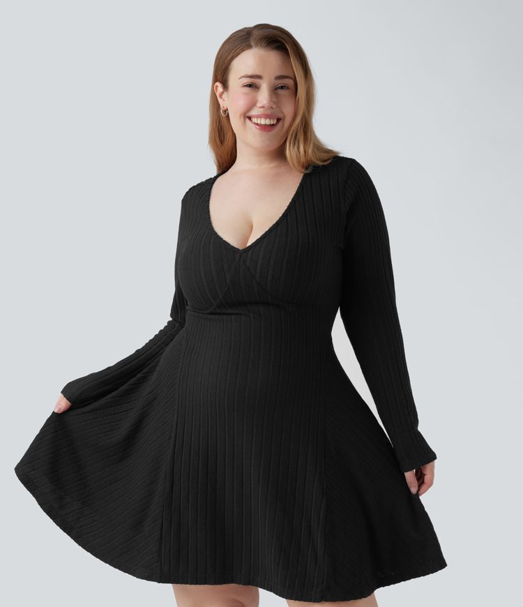 Plus Size Ribbed Knit V Neck Long Sleeve Flare Mini Casual Dress with Pockets Plus Size Ribbed Knit V Neck Long Sleeve Flare Mini Casual Dress with Pockets