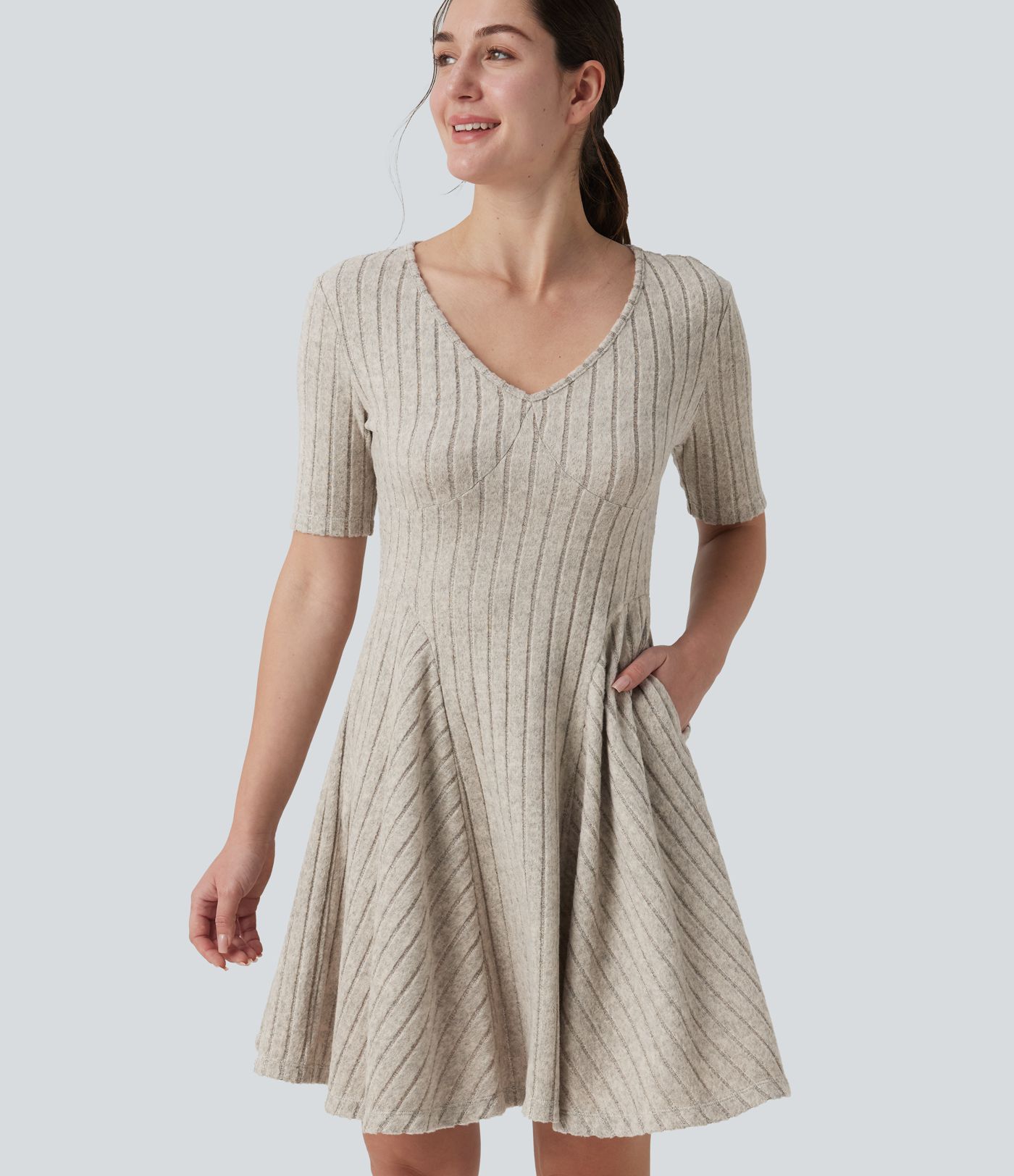 Ribbed Knit V Neck Short Sleeve Flare Mini Casual Dress