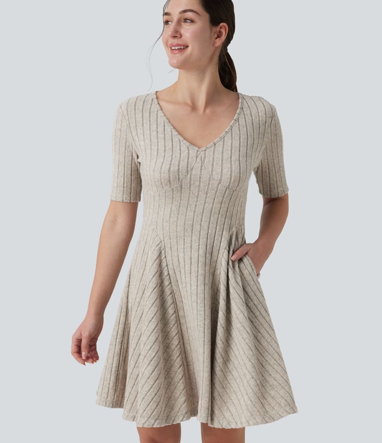 Ribbed Knit V Neck Short Sleeve Flare Mini Casual Dress