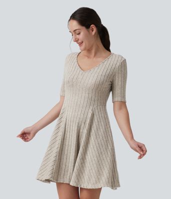 Ribbed Knit V Neck Short Sleeve Flare Mini Casual Dress