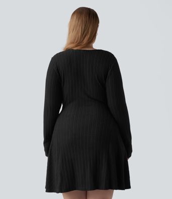 Plus Size Ribbed Knit V Neck Long Sleeve Flare Mini Casual Dress with Pockets Plus Size Ribbed Knit V Neck Long Sleeve Flare Mini Casual Dress with Pockets