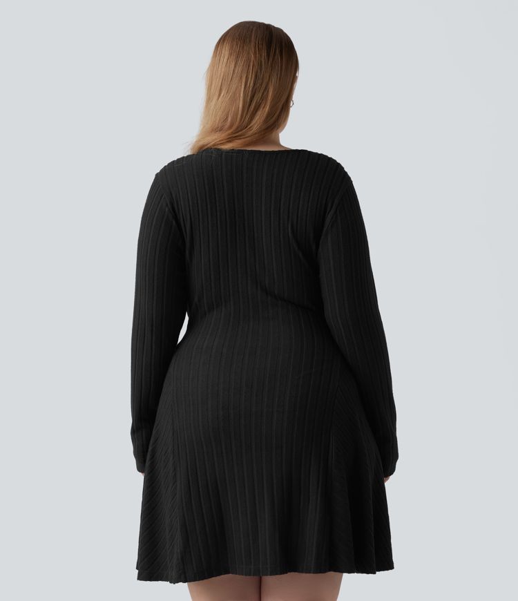 Plus Size Ribbed Knit V Neck Long Sleeve Flare Mini Casual Dress with Pockets Plus Size Ribbed Knit V Neck Long Sleeve Flare Mini Casual Dress with Pockets