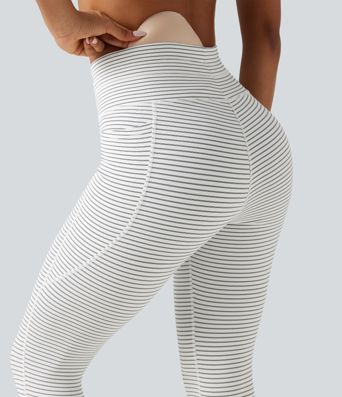 High Waisted Butt Lifting Drawstring Stripe Yoga Leggings with Pockets