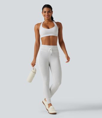 High Waisted Butt Lifting Drawstring Stripe Yoga Leggings with Pockets