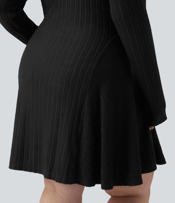 Plus Size Ribbed Knit V Neck Long Sleeve Flare Mini Casual Dress with Pockets Plus Size Ribbed Knit V Neck Long Sleeve Flare Mini Casual Dress with Pockets