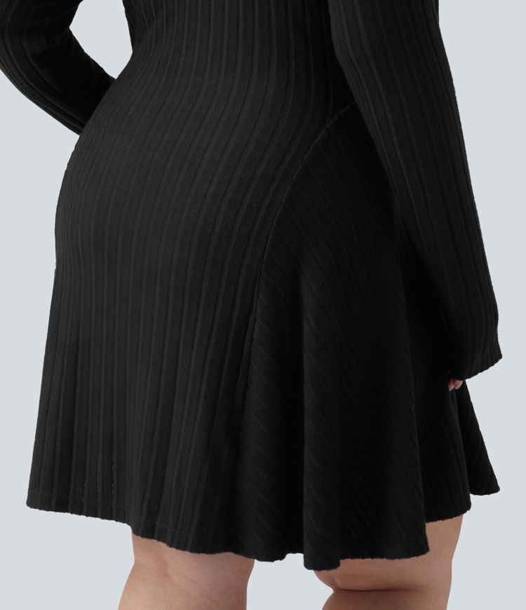 Plus Size Ribbed Knit V Neck Long Sleeve Flare Mini Casual Dress with Pockets Plus Size Ribbed Knit V Neck Long Sleeve Flare Mini Casual Dress with Pockets