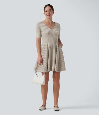 Ribbed Knit V Neck Short Sleeve Flare Mini Casual Dress