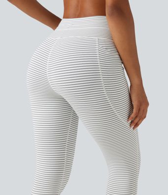 High Waisted Butt Lifting Drawstring Stripe Yoga Leggings with Pockets
