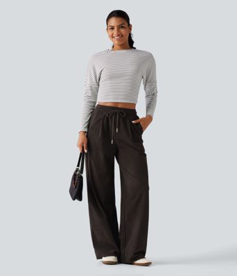 Casual broek van ribfluweel met hoge taille, aantrekkoord, rechte pijpen en zakken Casual broek van ribfluweel met hoge taille, aantrekkoord, rechte pijpen en zakken