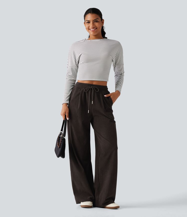 Casual broek van ribfluweel met hoge taille, aantrekkoord, rechte pijpen en zakken Casual broek van ribfluweel met hoge taille, aantrekkoord, rechte pijpen en zakken
