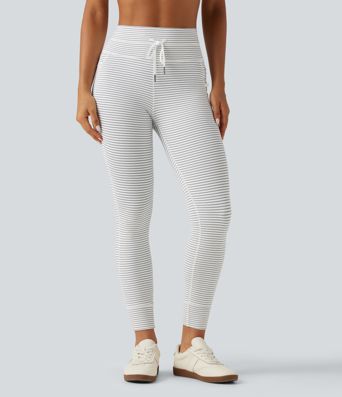 High Waisted Butt Lifting Drawstring Stripe Yoga Leggings with Pockets