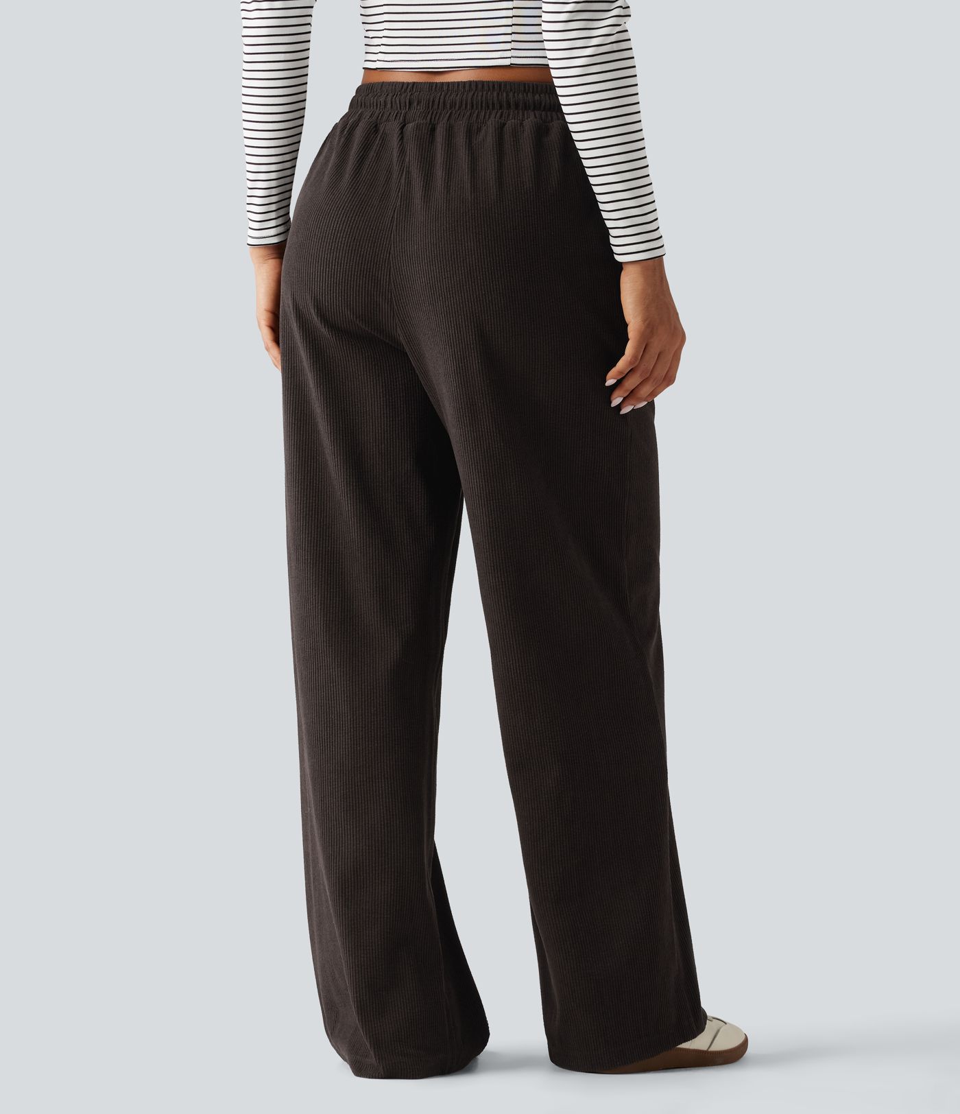 Casual broek van ribfluweel met hoge taille, aantrekkoord, rechte pijpen en zakken Casual broek van ribfluweel met hoge taille, aantrekkoord, rechte pijpen en zakken
