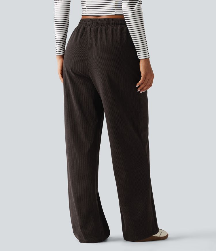 Casual broek van ribfluweel met hoge taille, aantrekkoord, rechte pijpen en zakken Casual broek van ribfluweel met hoge taille, aantrekkoord, rechte pijpen en zakken