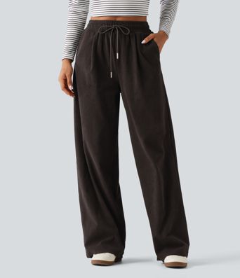 Casual broek van ribfluweel met hoge taille, aantrekkoord, rechte pijpen en zakken Casual broek van ribfluweel met hoge taille, aantrekkoord, rechte pijpen en zakken