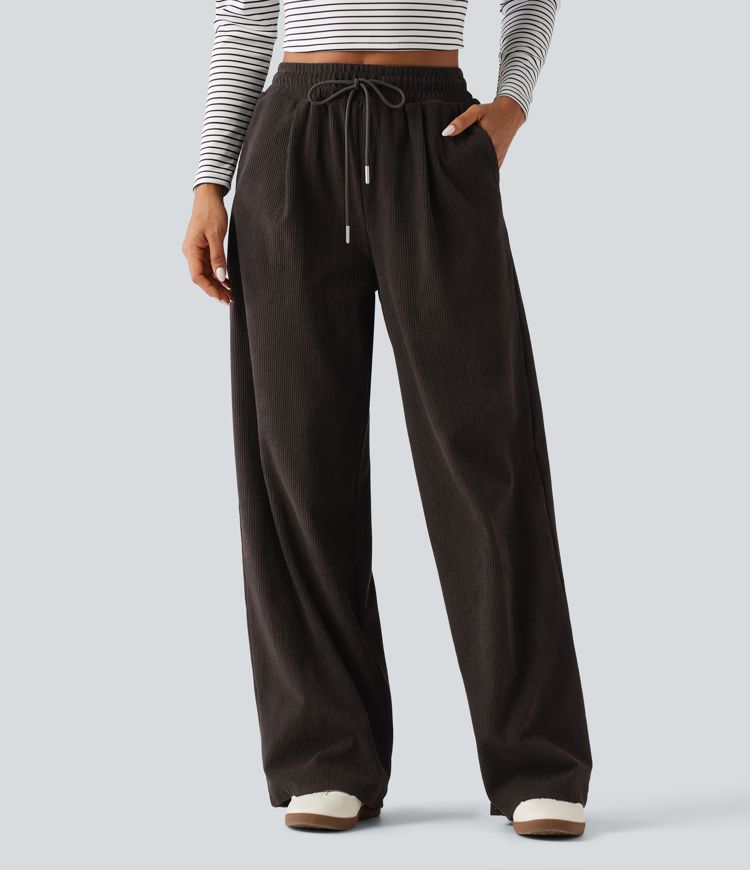 Casual broek van ribfluweel met hoge taille, aantrekkoord, rechte pijpen en zakken Casual broek van ribfluweel met hoge taille, aantrekkoord, rechte pijpen en zakken