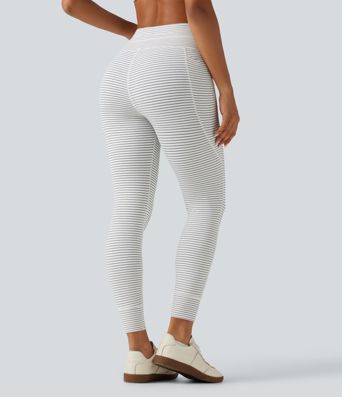 High Waisted Butt Lifting Drawstring Stripe Yoga Leggings with Pockets