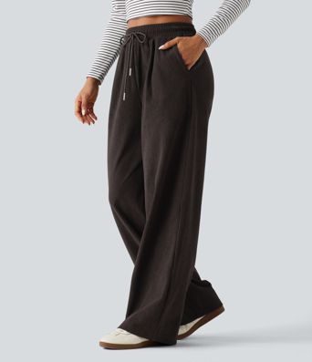 Casual broek van ribfluweel met hoge taille, aantrekkoord, rechte pijpen en zakken Casual broek van ribfluweel met hoge taille, aantrekkoord, rechte pijpen en zakken