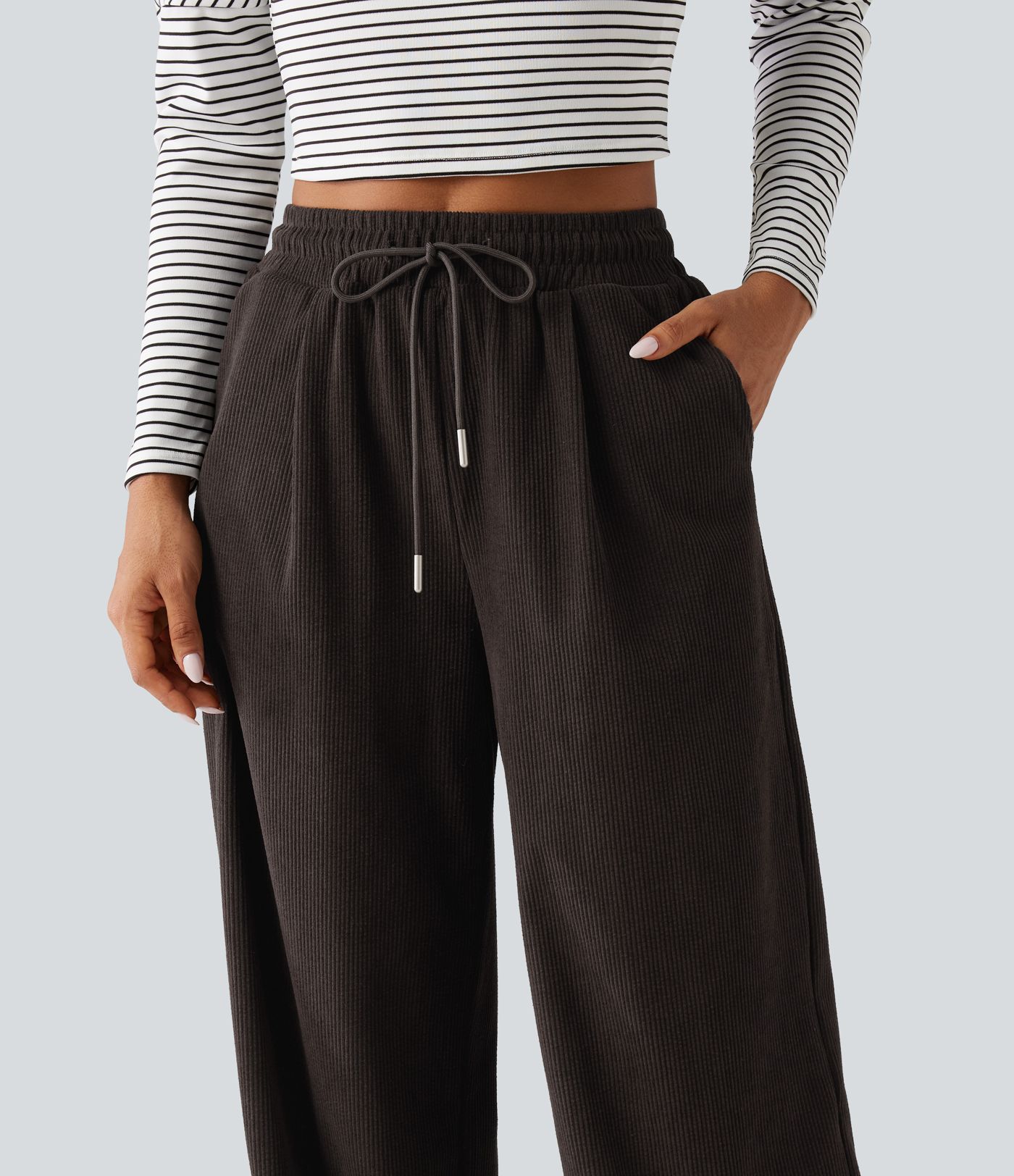 Casual broek van ribfluweel met hoge taille, aantrekkoord, rechte pijpen en zakken Casual broek van ribfluweel met hoge taille, aantrekkoord, rechte pijpen en zakken