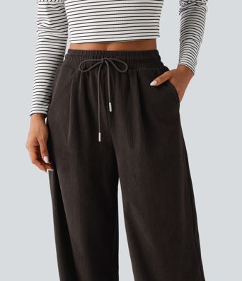Casual broek van ribfluweel met hoge taille, aantrekkoord, rechte pijpen en zakken Casual broek van ribfluweel met hoge taille, aantrekkoord, rechte pijpen en zakken