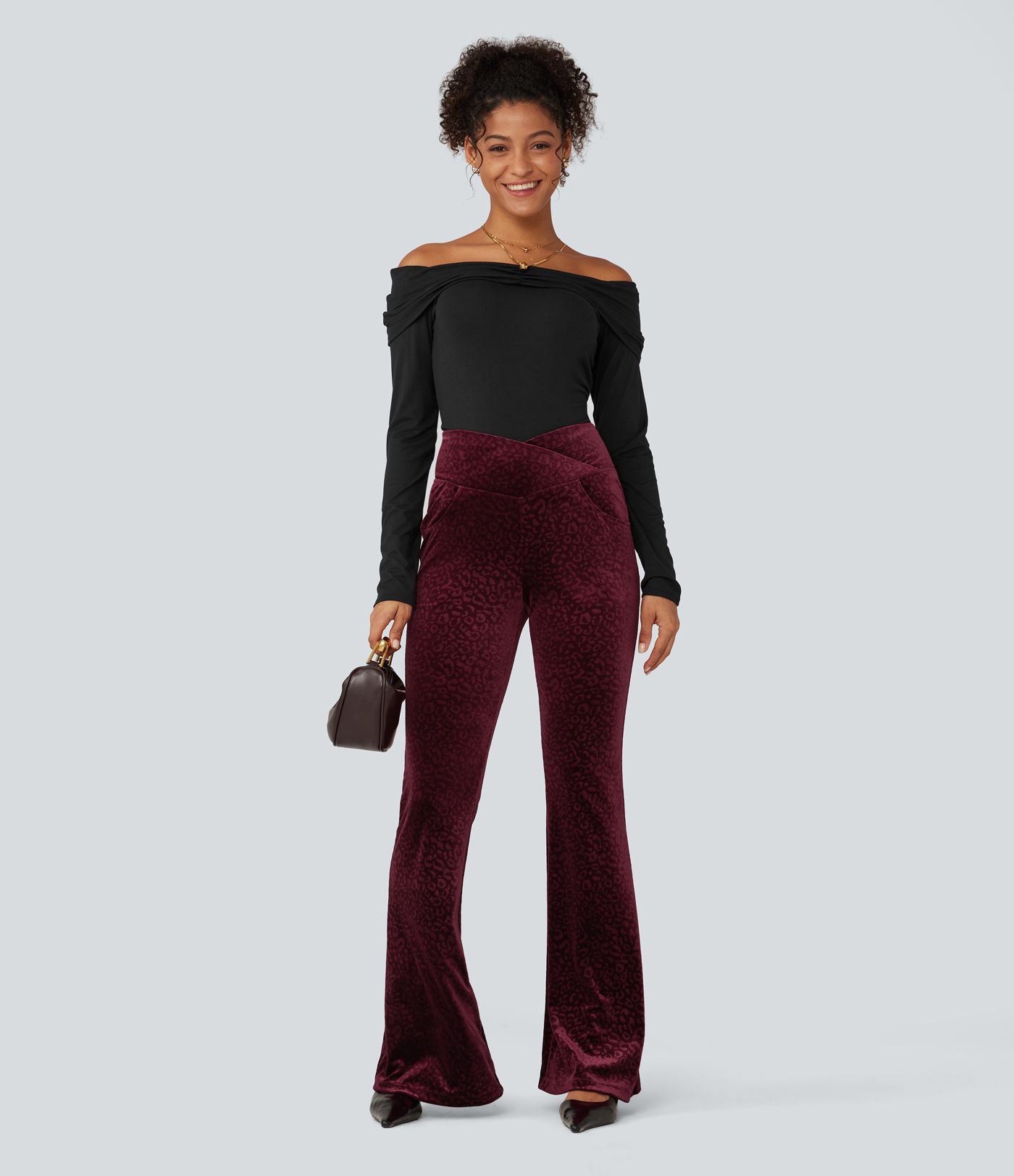 High Waisted Crossover Leopard Print Velvet Casual Flare Pants with Pockets