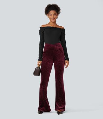 High Waisted Crossover Leopard Print Velvet Casual Flare Pants with Pockets