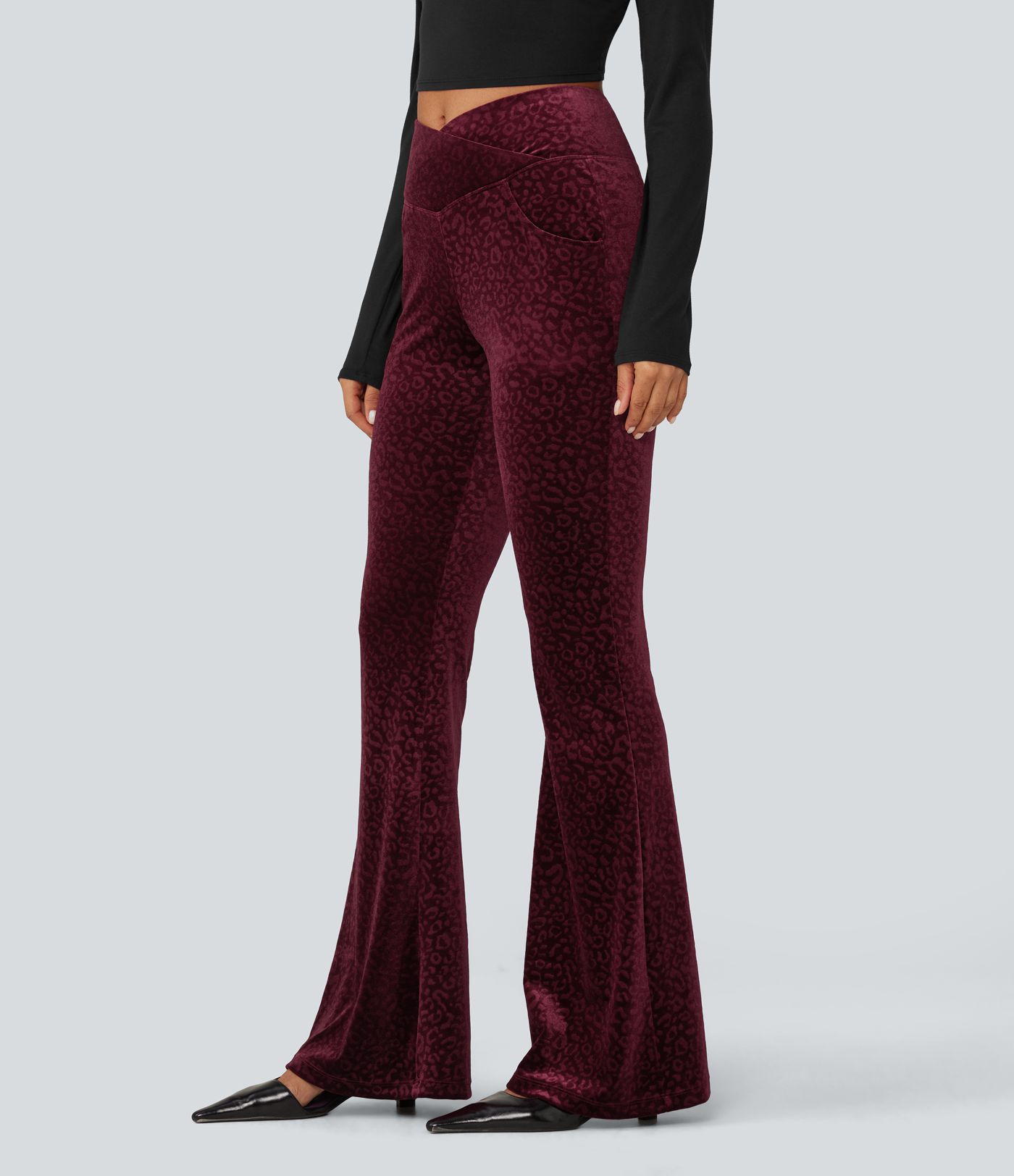 High Waisted Crossover Leopard Print Velvet Casual Flare Pants with Pockets