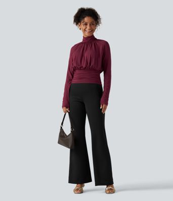 High Neck Long Sleeve Ruched Casual Top