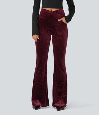 High Waisted Crossover Leopard Print Velvet Casual Flare Pants with Pockets