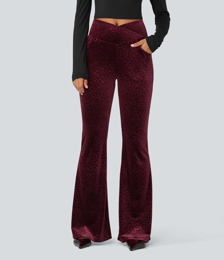High Waisted Crossover Leopard Print Velvet Casual Flare Pants with Pockets