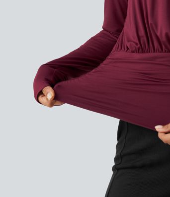 High Neck Long Sleeve Ruched Casual Top