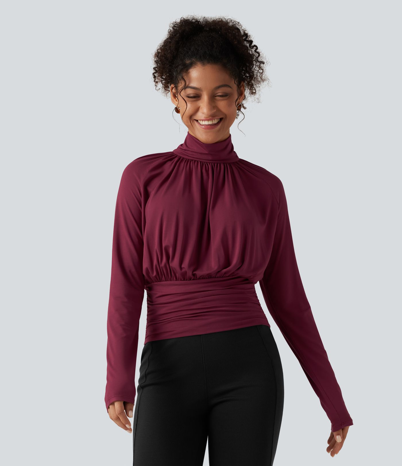 High Neck Long Sleeve Ruched Casual Top