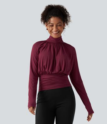 High Neck Long Sleeve Ruched Casual Top