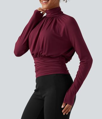 High Neck Long Sleeve Ruched Casual Top