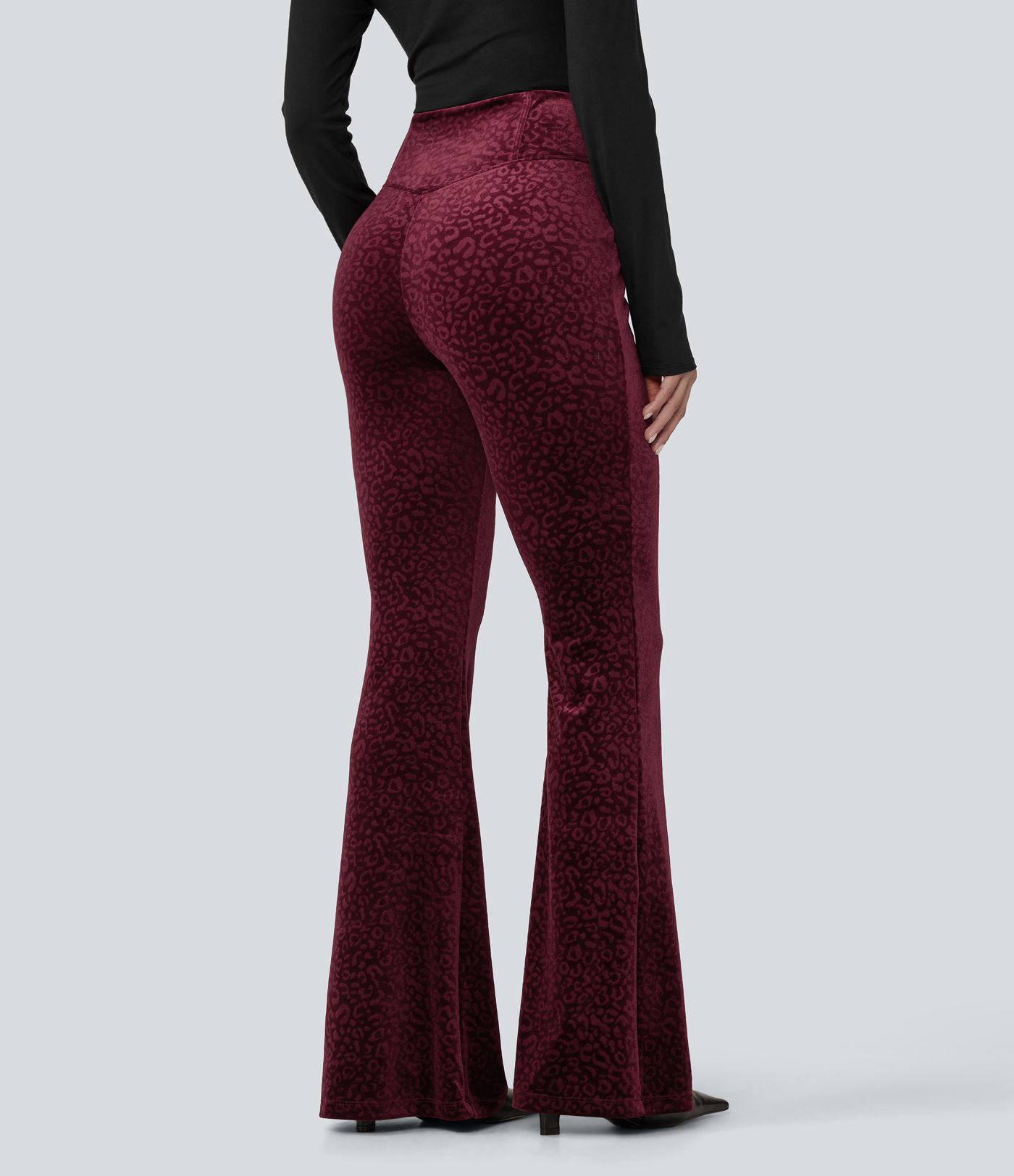 High Waisted Crossover Leopard Print Velvet Casual Flare Pants with Pockets