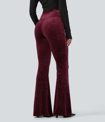 High Waisted Crossover Leopard Print Velvet Casual Flare Pants with Pockets