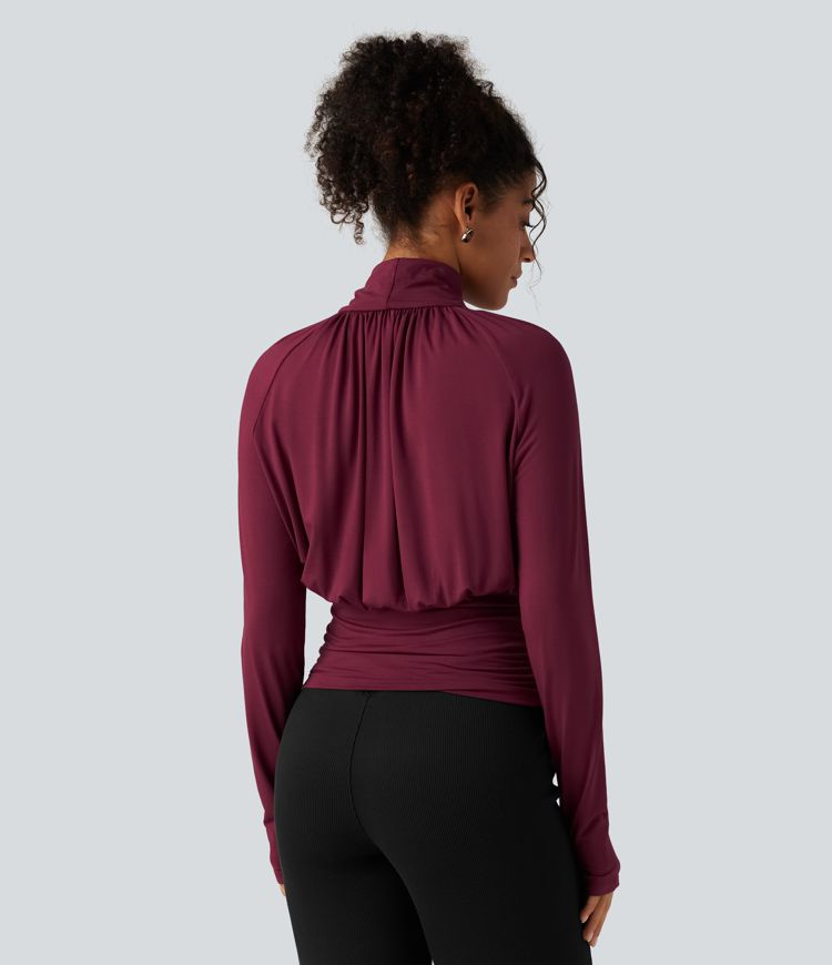 High Neck Long Sleeve Ruched Casual Top