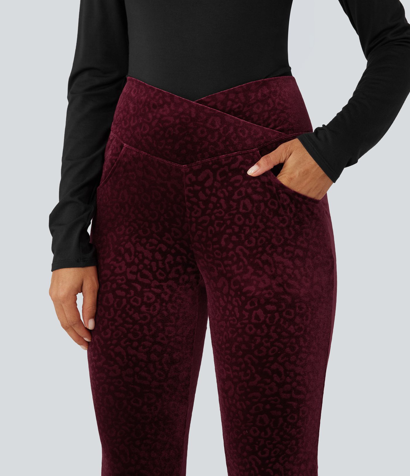 High Waisted Crossover Leopard Print Velvet Casual Flare Pants with Pockets