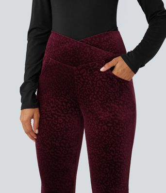 High Waisted Crossover Leopard Print Velvet Casual Flare Pants with Pockets