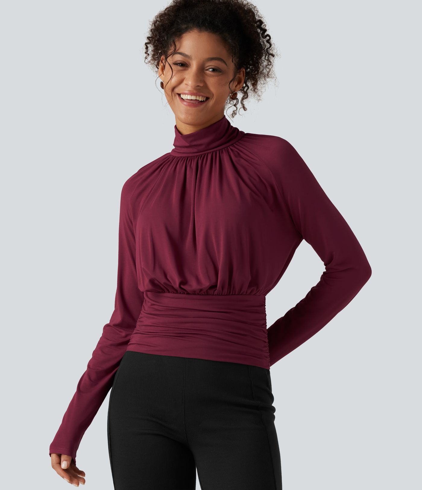 High Neck Long Sleeve Ruched Casual Top