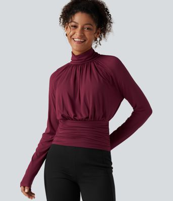High Neck Long Sleeve Ruched Casual Top