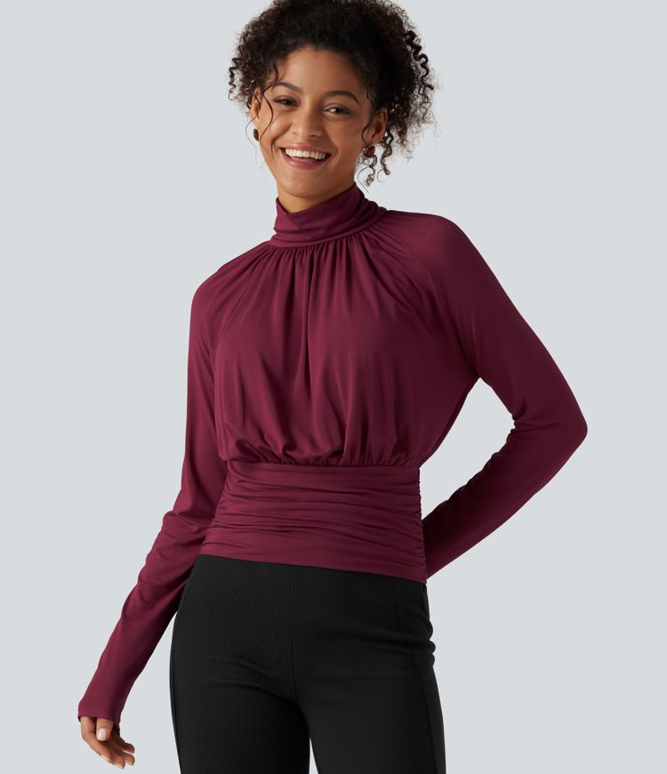 High Neck Long Sleeve Ruched Casual Top