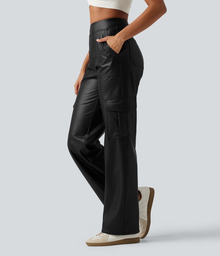 Mid Rise Wide Leg Stretchy PU Fleece Casual Cargo Pants with Pockets