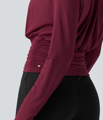 High Neck Long Sleeve Ruched Casual Top
